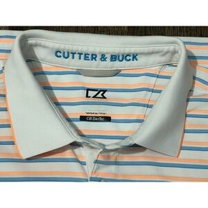 Cutter & Buck Mens Polo Shirt Sz XL Blue Striped Golf Stretch Performance Active